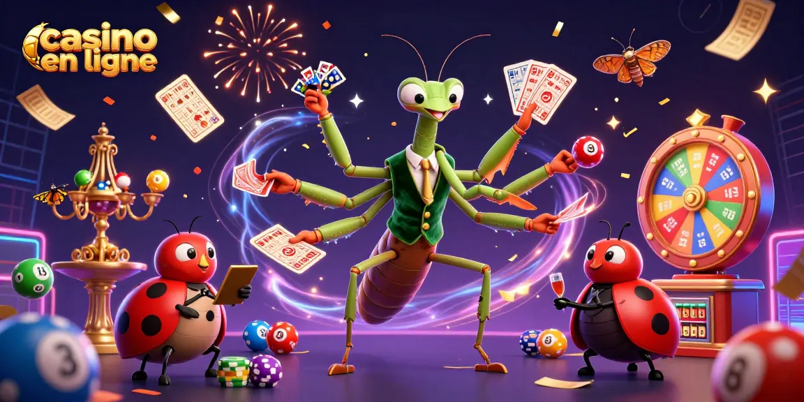Jouez au casino en ligne avec ce visuel coloré et dynamique illustrant des jeux et activités de casino.