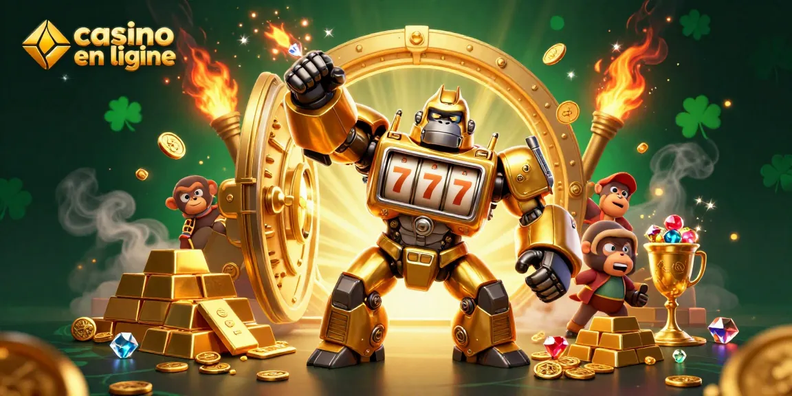 Découvrez les jeux de casino en ligne avec un gorille estelant des récompenses dorées.