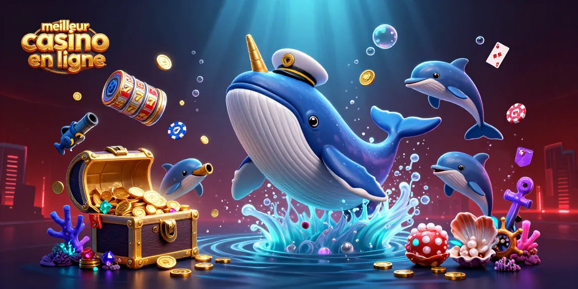 Illustration captivante montrant le meilleur casino en ligne avec un immense baleine et des dauphins jouant aux cartes.