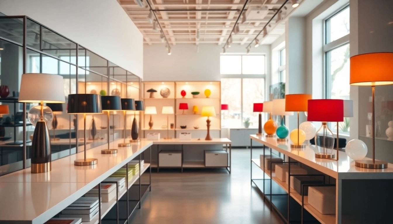 Shop unique ELC Lamps Online showcasing vibrant designs in a modern showroom.
