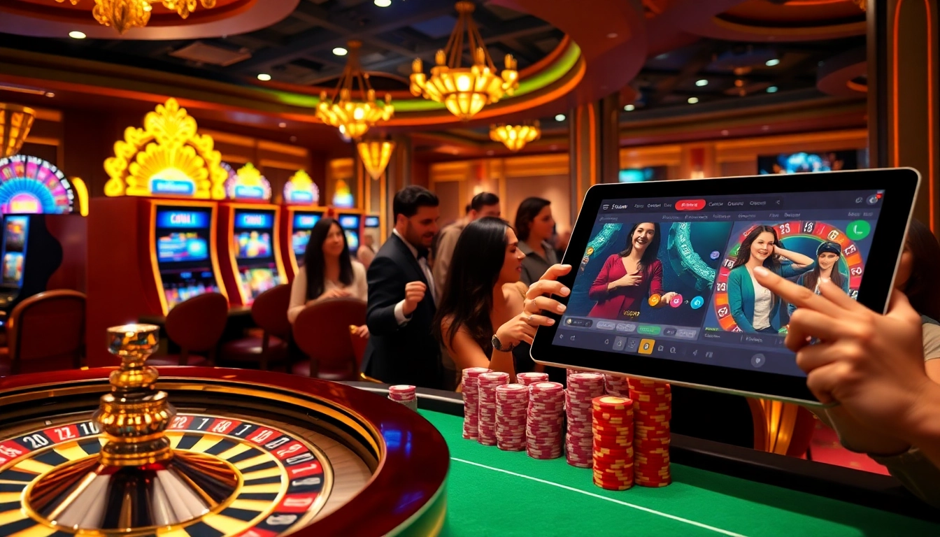 Des joueurs profitent de moments palpitants dans un casino en ligne 2026 animé, avec des tables de roulette et de poker.