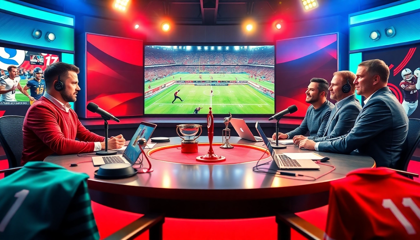 Engaging sports broadcasting discussion with analysts in a vibrant studio setting.
