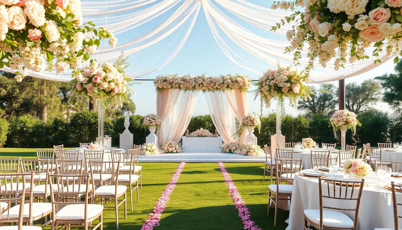 Breathtaking setup of Wedding & Event Rentals showcasing a romantic outdoor altar decorated with flowers.