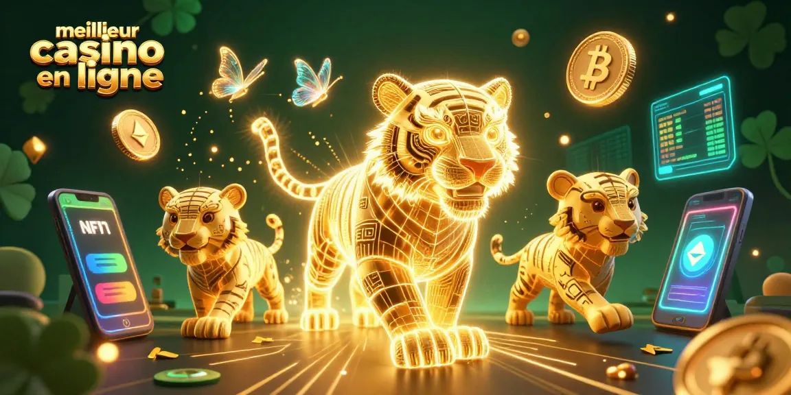 Visualisez le meilleur casino en ligne avec un tigre en fil de néon, accompagné de pièces de cryptomonnaie.