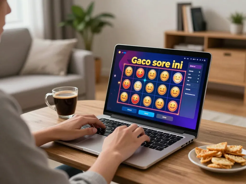 Playing slot gacor sore ini on a laptop in a cozy home setup, showcasing an engaging online casino experience.