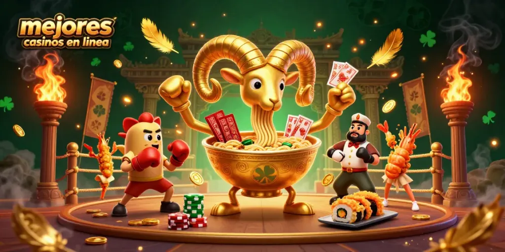 mejores casinos en línea: ilustración de un robot ramen jugando y apostando en un casino virtual