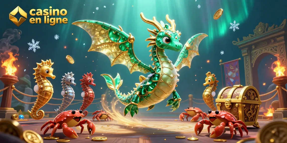 Immersion dans l'univers des casinos en ligne avec un dragon de mer et des trésors sous-marins.