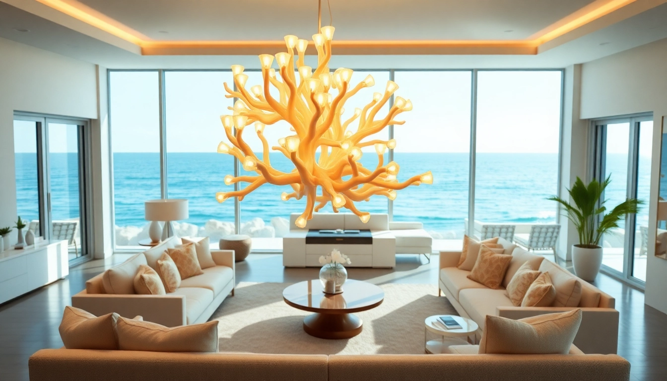 Elegant island light chandelier illuminating a coastal living room with stunning ocean view.