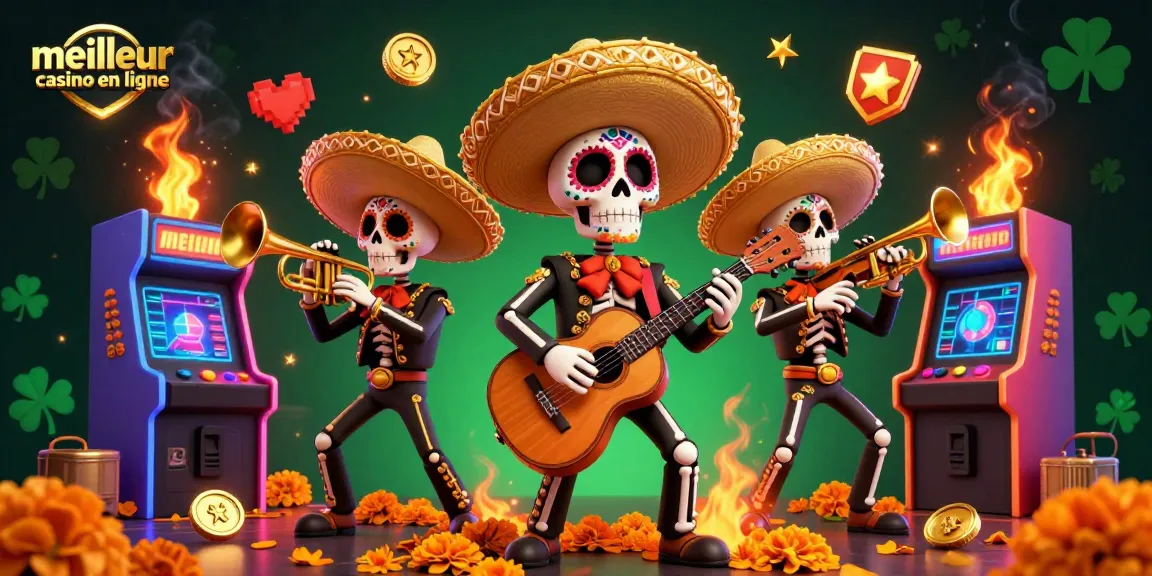 Vivez l'expérience du meilleur casino en ligne avec notre illustration colorée de mariachis et jeux vidéo.