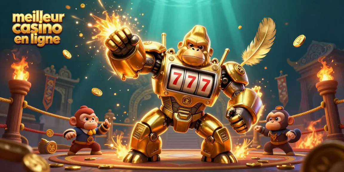 Gagnez au meilleur casino en ligne avec une illustration dynamique de mech gorille et machines à sous