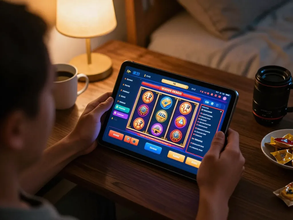Pemain berinteraksi dengan link gacor di aplikasi kasino yang semarak di tablet dalam suasana rumah yang nyaman