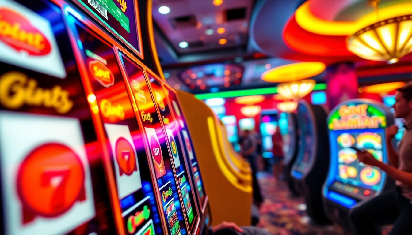 Slot77 mesin slot yang menarik di kasino dengan cahaya berwarna-warni dan pemain yang antusias.
