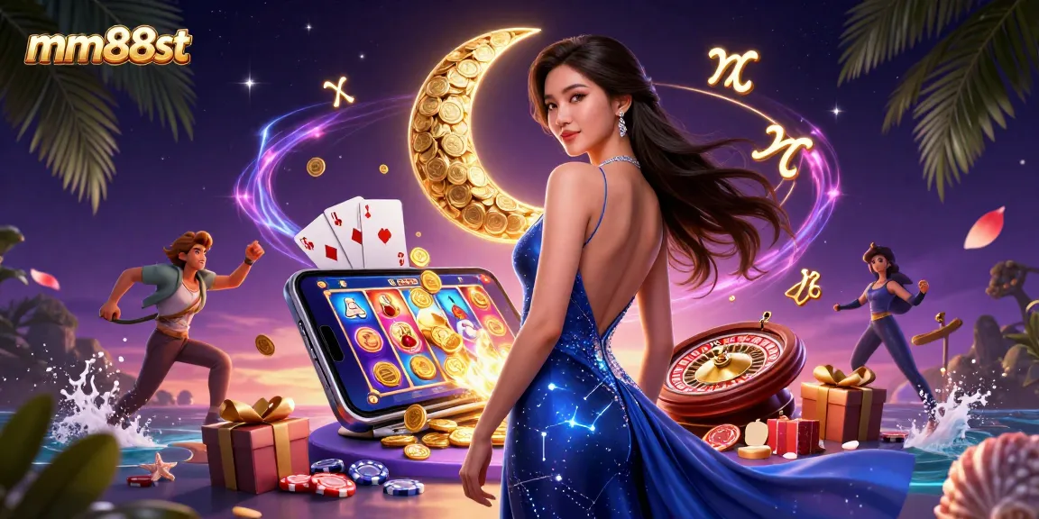 Experience thrilling gameplay at mm88st with a photorealistic Asian woman among dynamic casino elements.