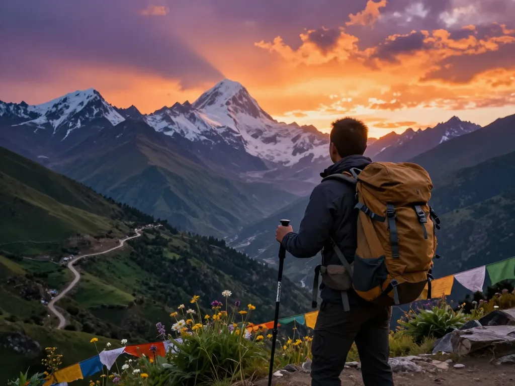 Trek to Annapurna Circuit at sunset, traveler overlooking mountains with backpack and trekking poles in stunning landscape.