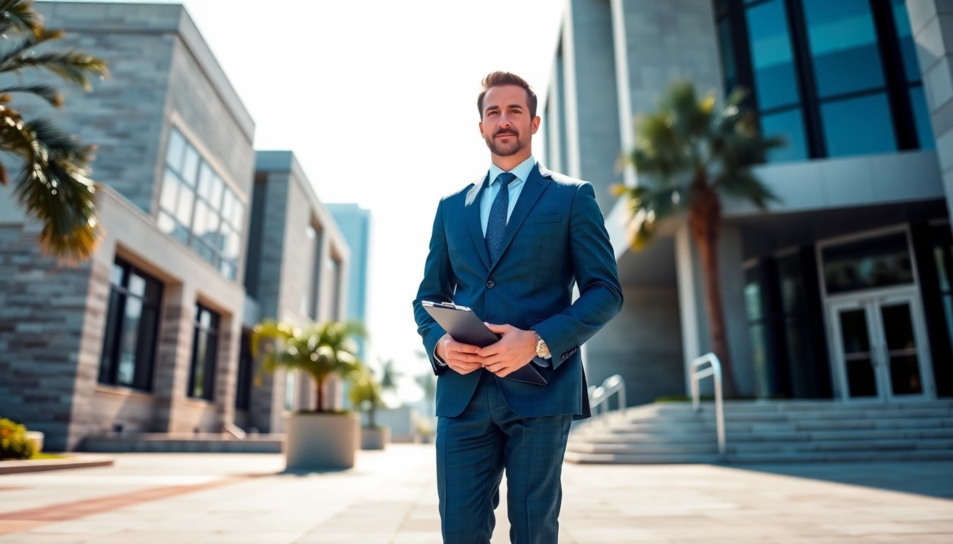 Truck accident attorney Clearwater confidently representing clients outside a courthouse.