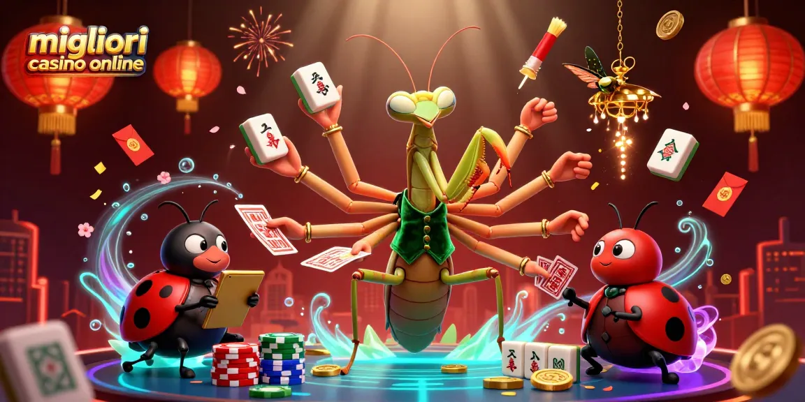 Giocando ai migliori casino online con il camaleonte della fortuna che distribuisce carte e champagne.