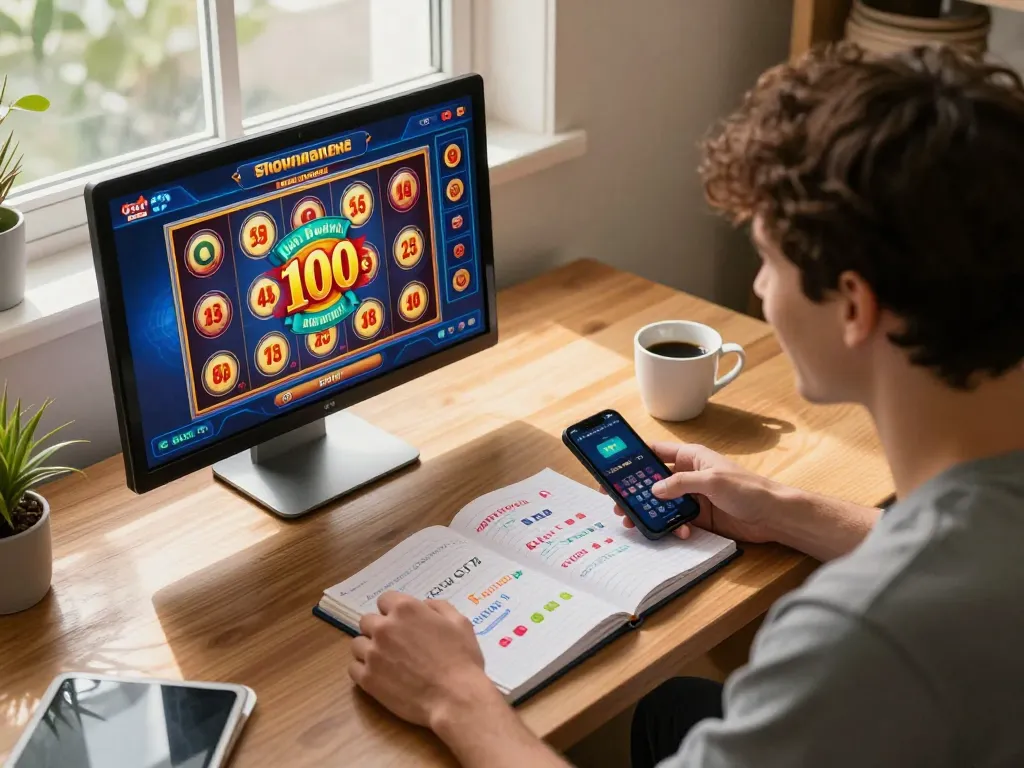 Engaging player celebrating with a slot bonus new member 100 di awal to kecil win on a mobile casino app.