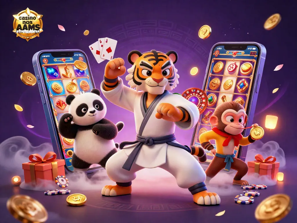 Immagine che mostra un casino non AAMS affidabile con un maestro di kung fu e giochi d'azzardo in un'atmosfera vivace.