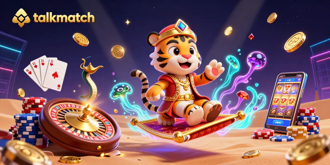 Experience thrilling talkmatch sessions with a vibrant 3D casino-themed illustration, showcasing interactive gaming elements.