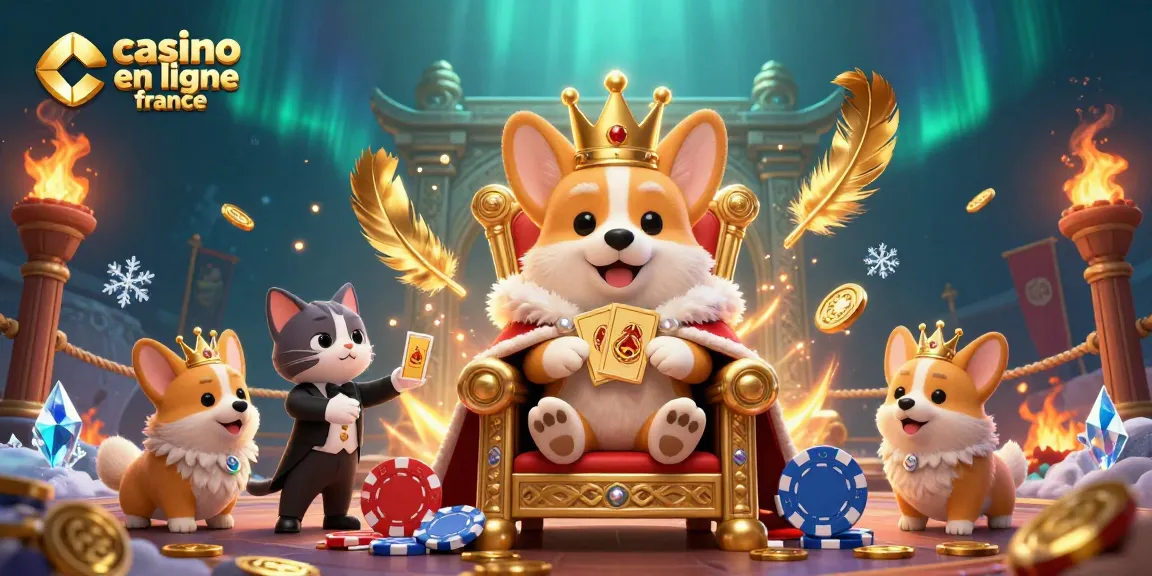 Plongez dans l'univers du casino en ligne France avec cette illustration de corgi royal entouré de jetons et de cartes dorées.