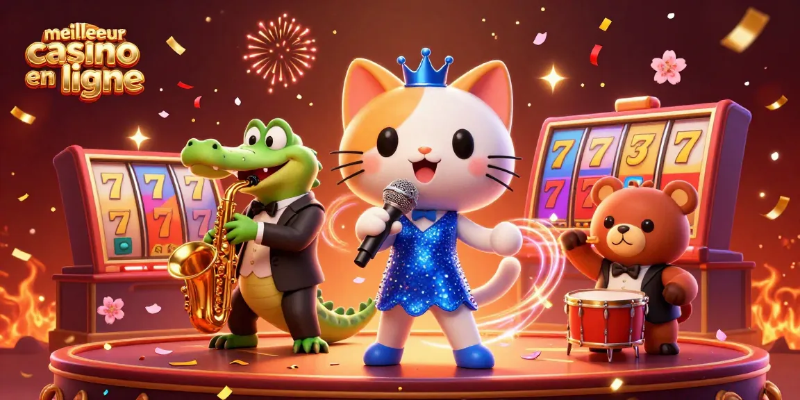 Illustration montrant le meilleur casino en ligne avec un chat chanteur, un crocodile et un ours.