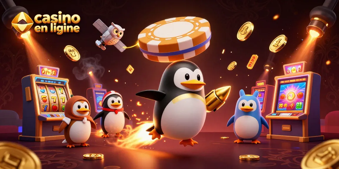 Plongez dans l'univers des machines à sous au casino en ligne avec un pingouin doré et des symboles dynamiques.