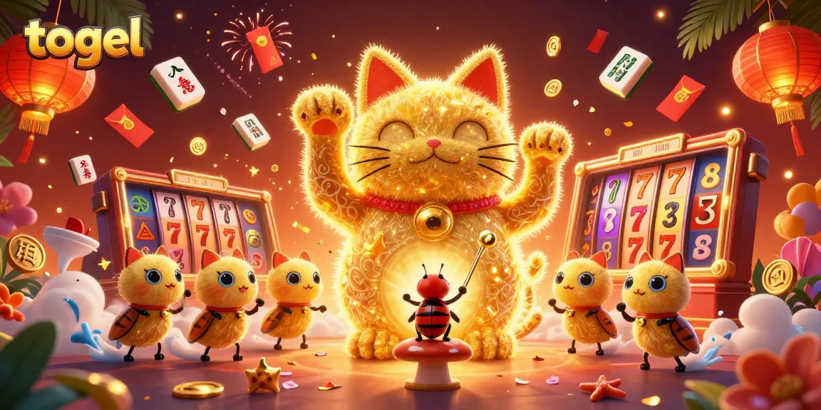 Experience the excitement of togel through vibrant casino symbols and a lucky cat illustration.