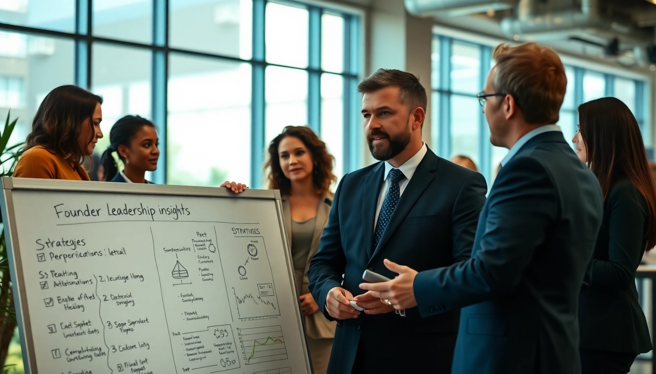 Showcasing founder leadership insights through dynamic team collaboration in a modern office