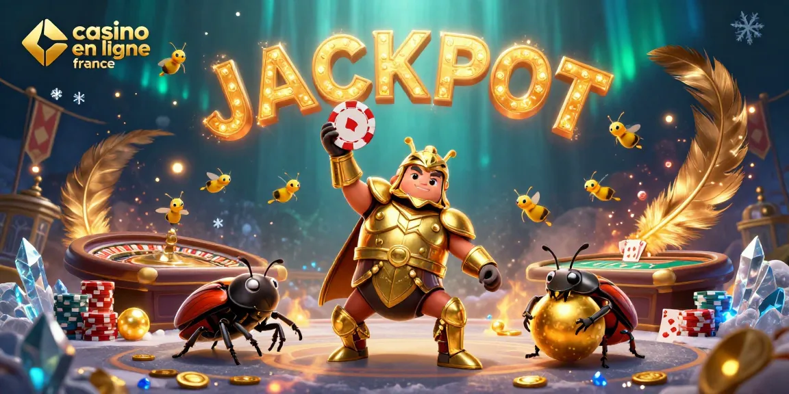 Illustration d'un casino en ligne France avec des personnages 3D, un scarabée en armure et un jackpot flamboyant.
