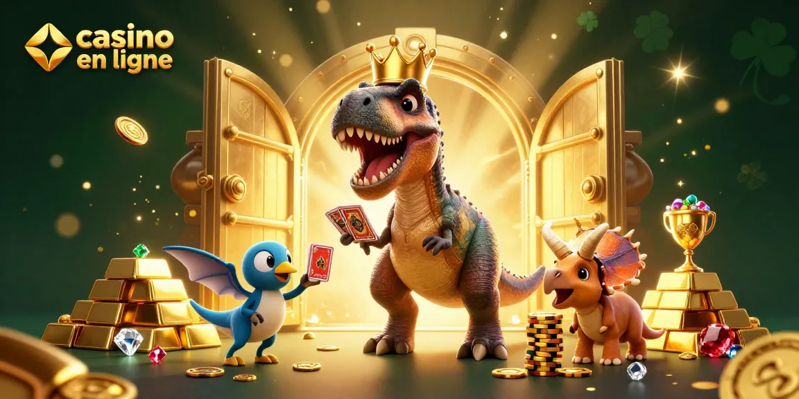 Casino en ligne : Un T-Rex amusant aux cartes et un bébé triceratops empilant des jetons avec trésors scintillants.