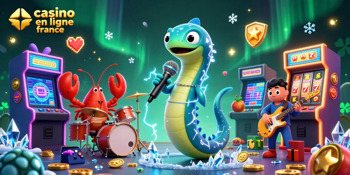 Illustration colorée de casino en ligne en France avec une anguille musicienne entourée d'artistes sous-marins.