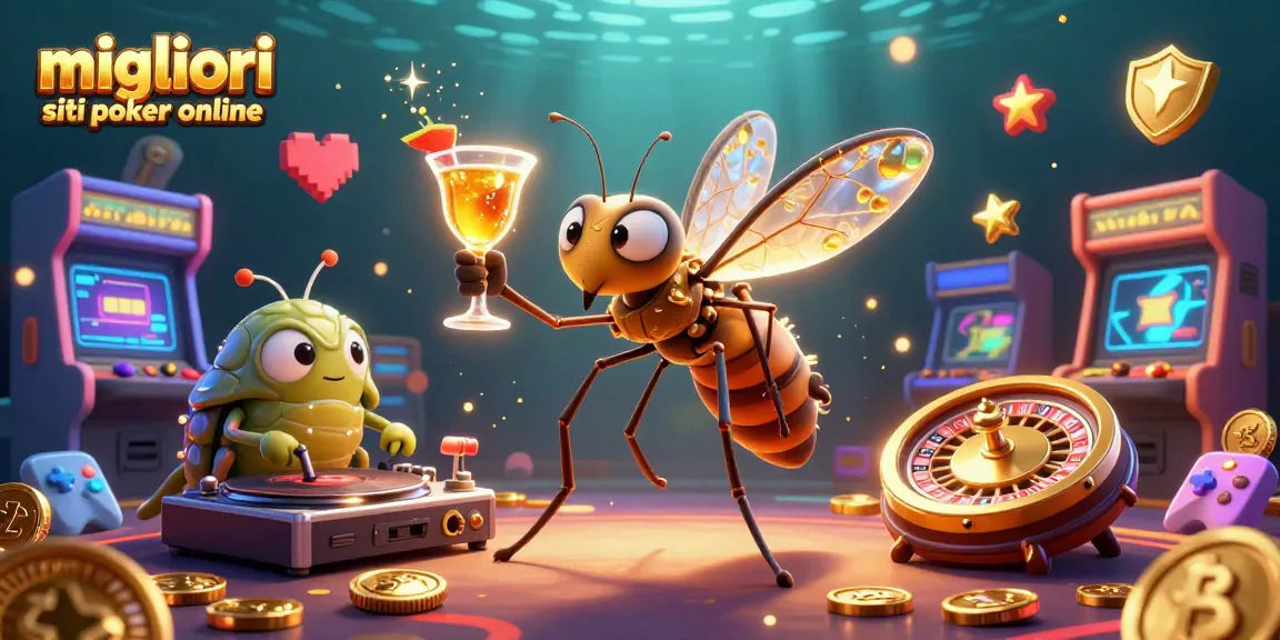 Migliori siti poker online in un'illustrazione accattivante con un moscerino e un DJ trilobite che animano un tavolo di poker.