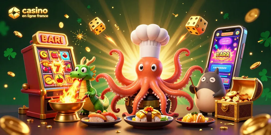 Illustration vibrante d'un chef sushi pieuvre préparant des plats d'or dans un casino en ligne France animé.