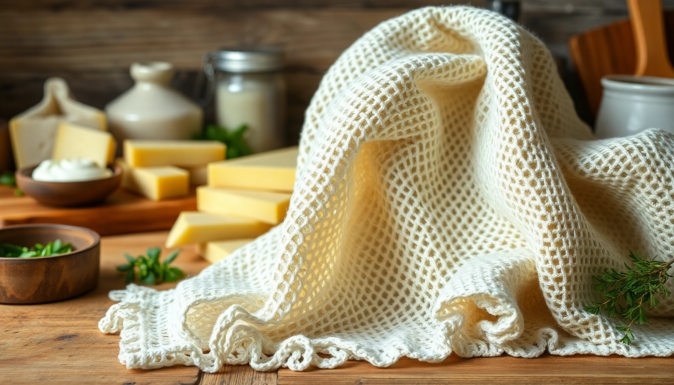 Kaasdoek gebruikt in een sfeervolle keuken met verse zuivelproducten en natuurlijke verlichting.
