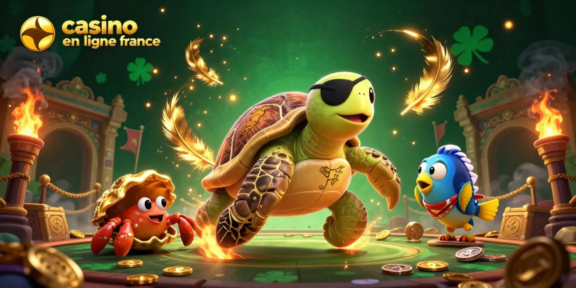 Illustration d'un casino en ligne en France avec une tortue pirate et un crabe hermite, entouré de trésors.