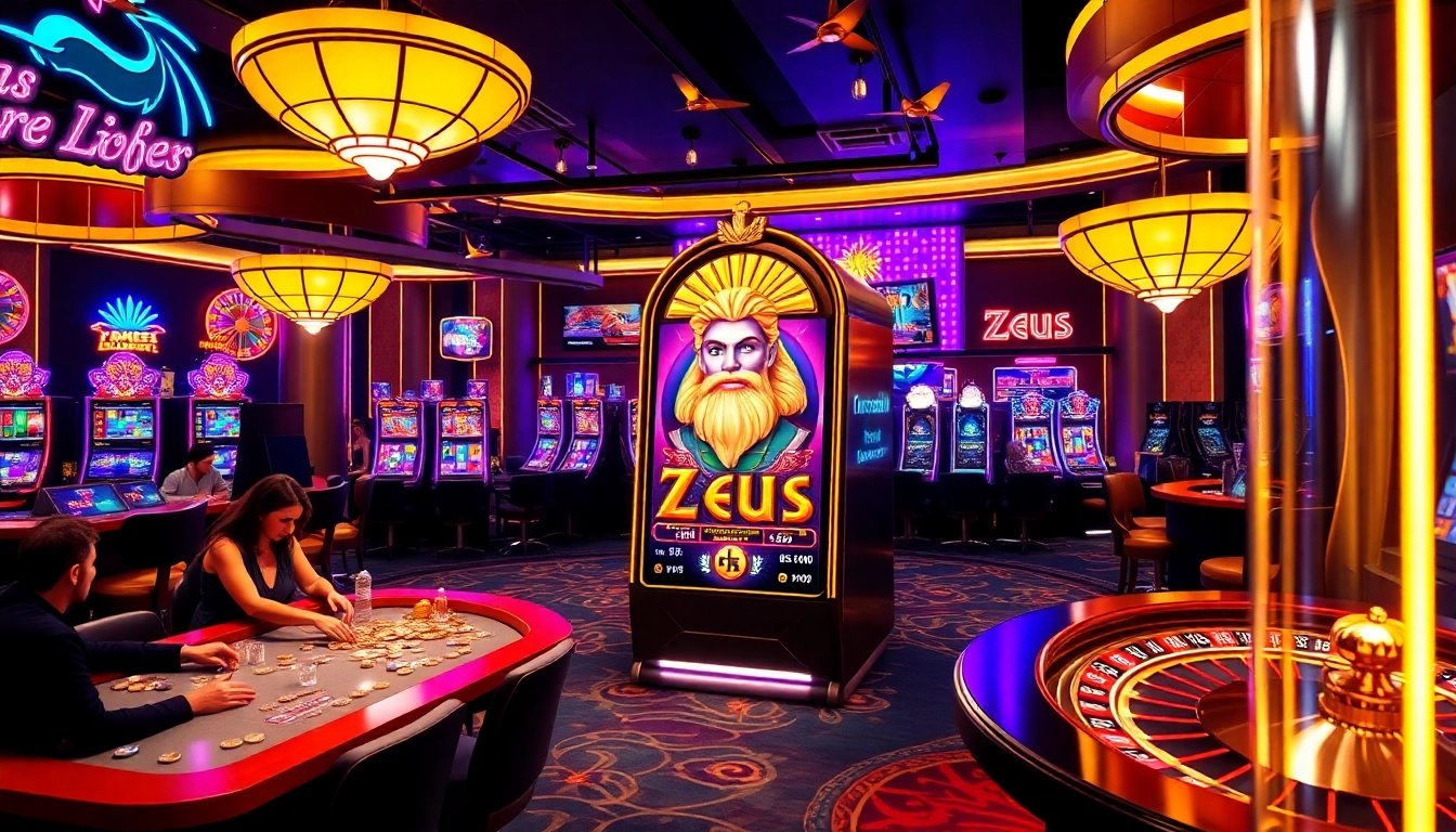 Playing the exciting Zeus slot machine amidst a vibrant casino atmosphere.
