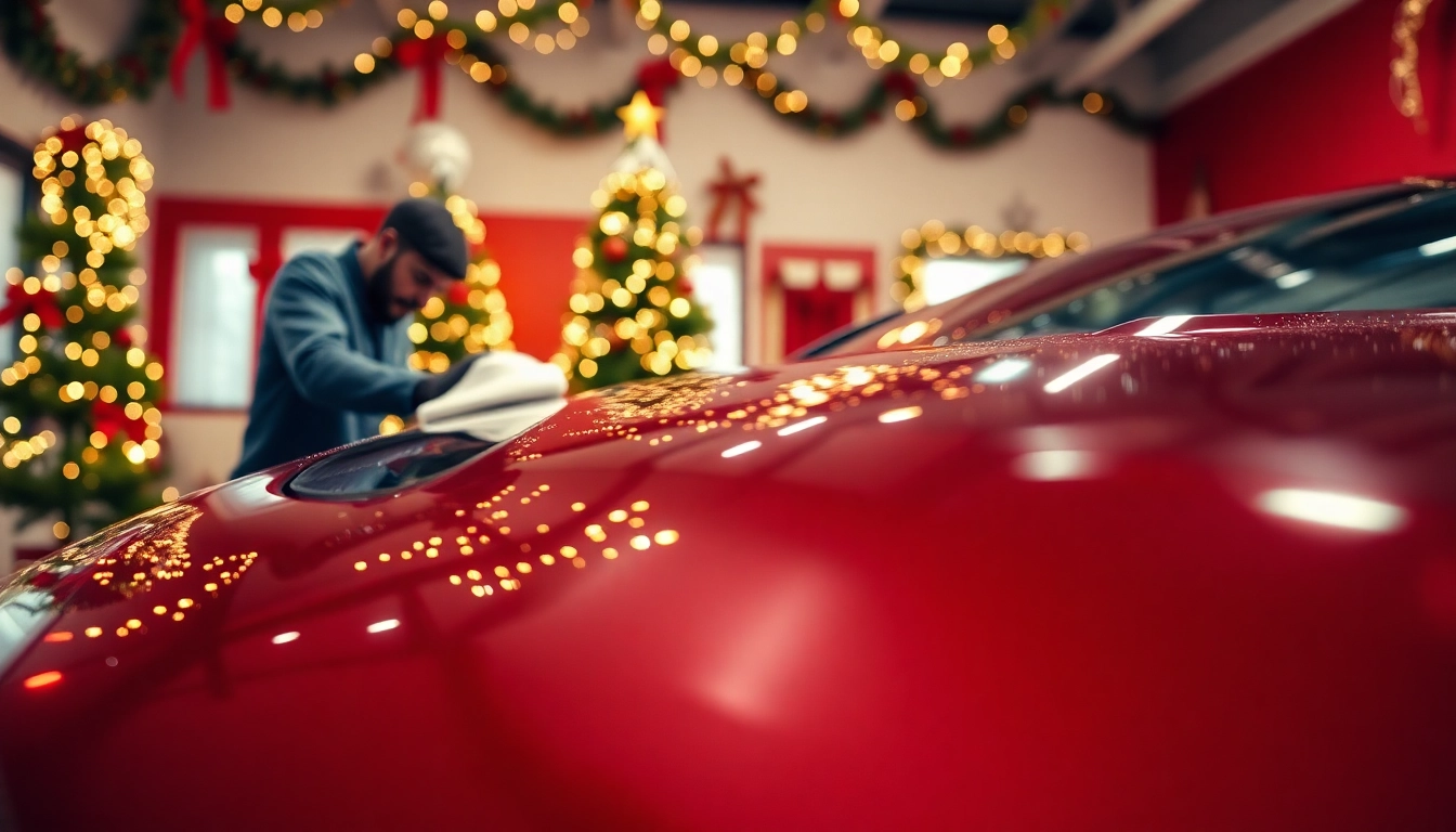 Gift a Christmas car detailing gift with a technician polishing a festive vehicle in a decorated garage.