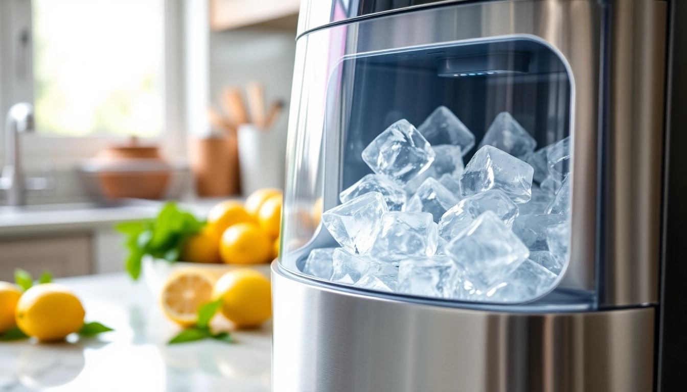 Efficient ice maker machine producing clear, fresh ice cubes in sunny kitchen setting.