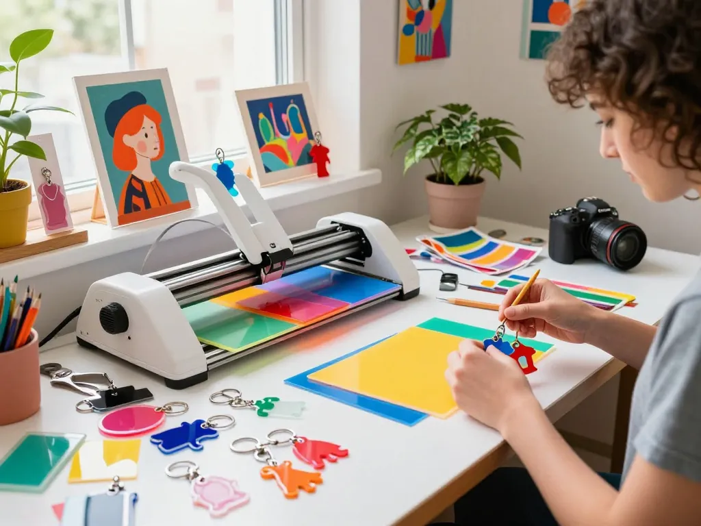 Creative person designing custom acrylic keychains in a vibrant crafting studio with colorful tools and materials.