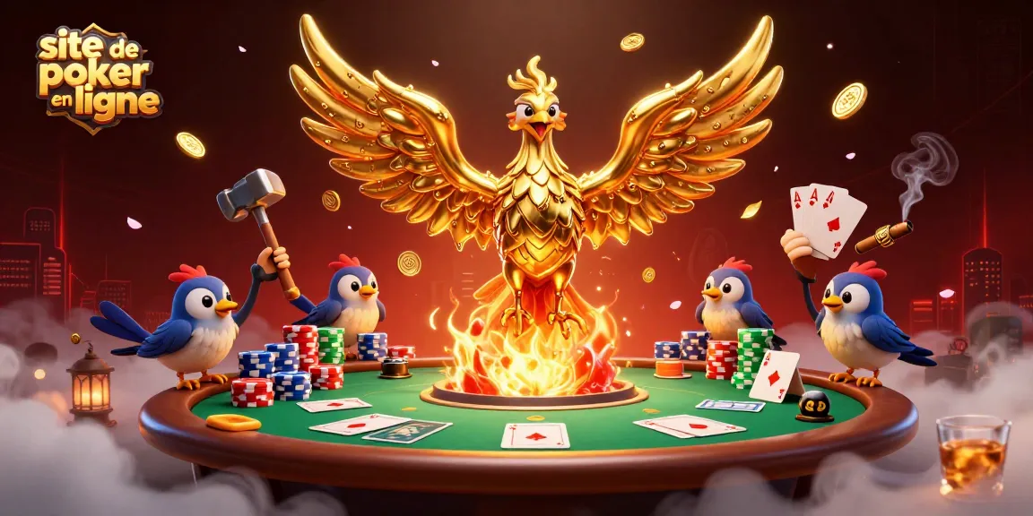 Jouez au poker en ligne sur un site de poker en ligne avec un phoenix d'or et des jetons colorés