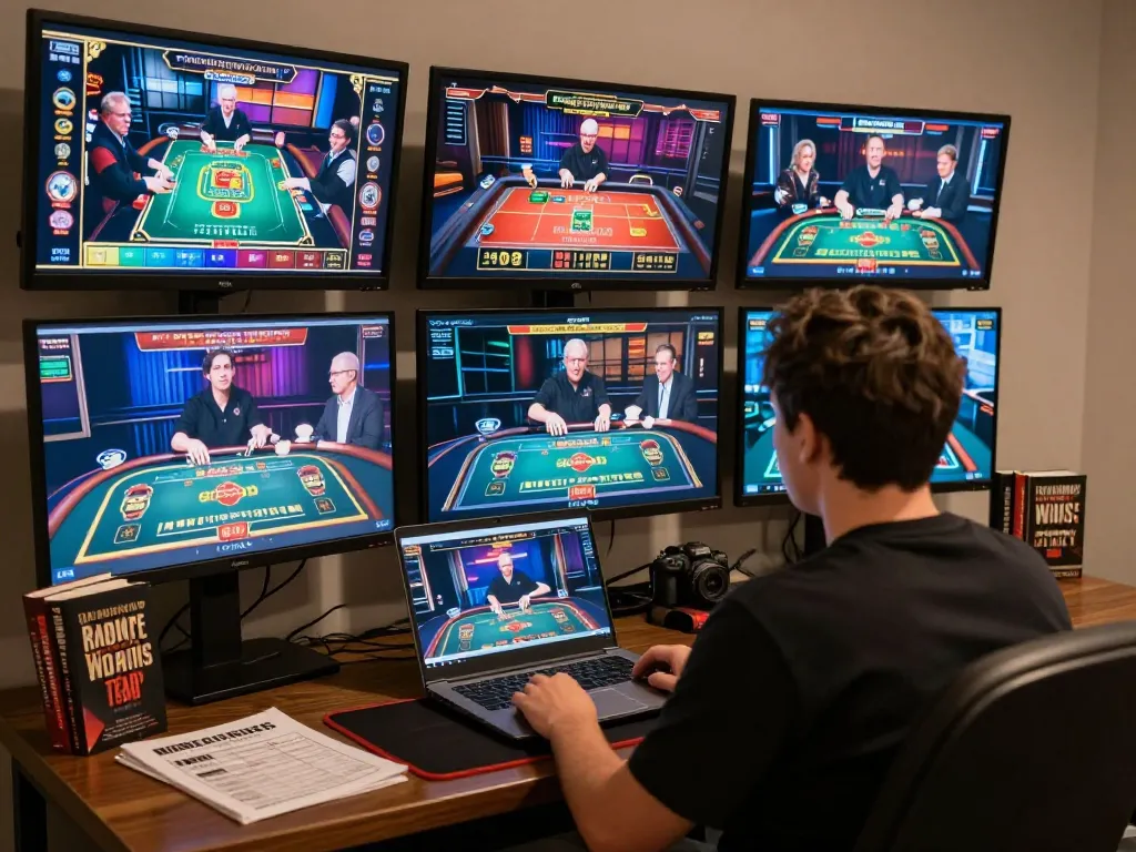 Engaging online gaming experience with 58win1 showing live dealer games on multiple screens.