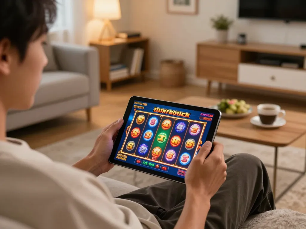Play casinò online non aams con neteller during an engaging home gaming session, featuring a dynamic tablet screen.