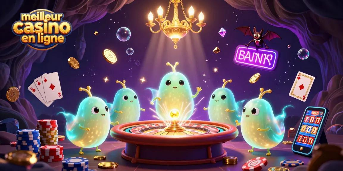 Illustration dynamique du meilleur casino en ligne avec des vers luisants et un croupier chauve-souris.