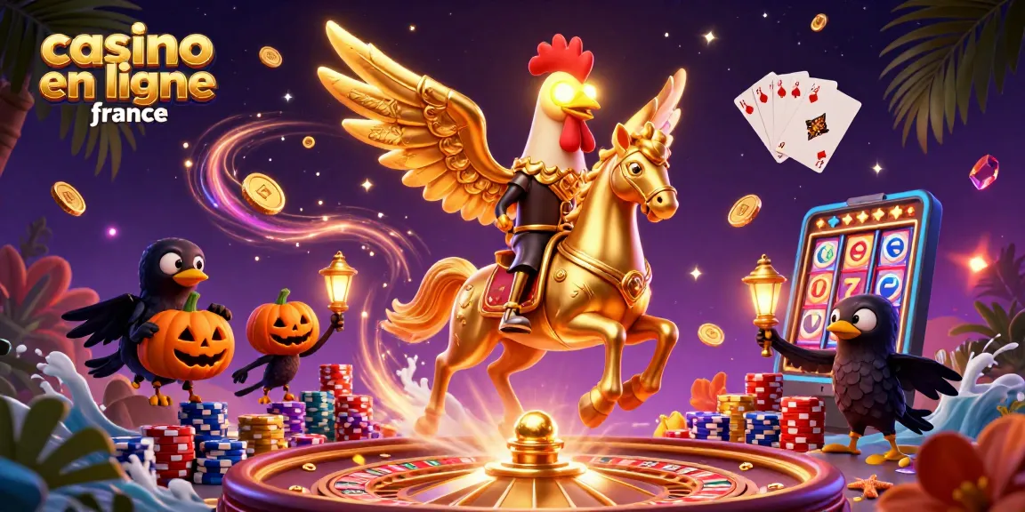 Jouez au casino en ligne France avec un coq doré et des éléments de jeu riches dans une scène magique.