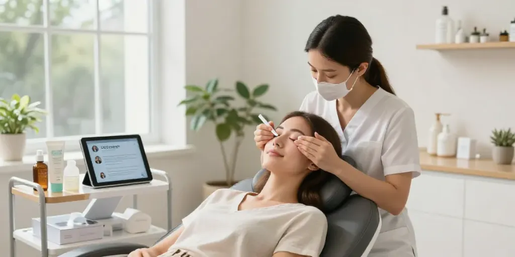 Effectively using CCeye® to Augenringe wegbekommen, a woman receives treatment in a calming beauty clinic.