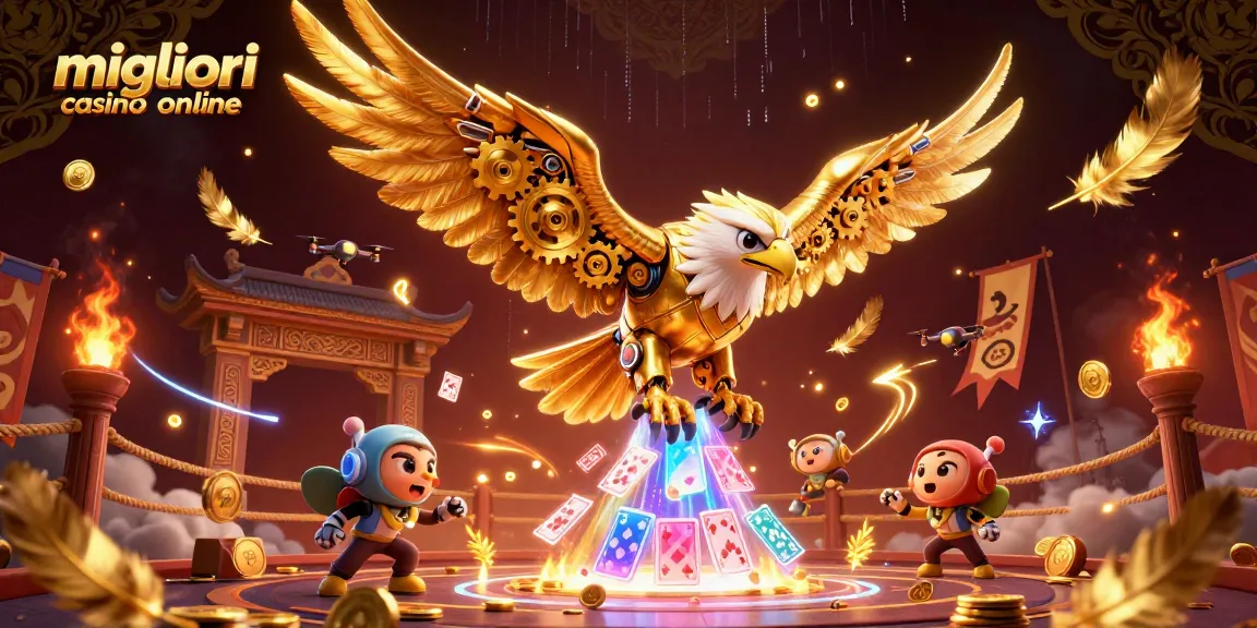 Scopri i migliori casino online in un'illustrazione vivace con un'aquila d'oro.