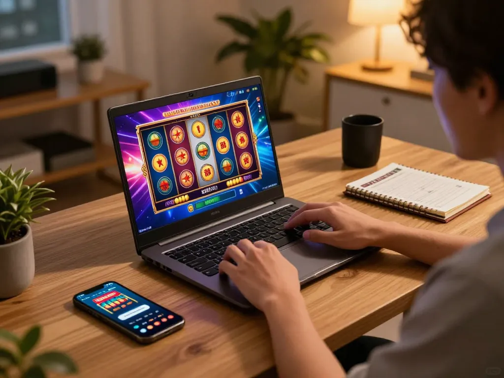 Engaging in สล็อต888 online gaming on a modern setup, showcasing vibrant graphics