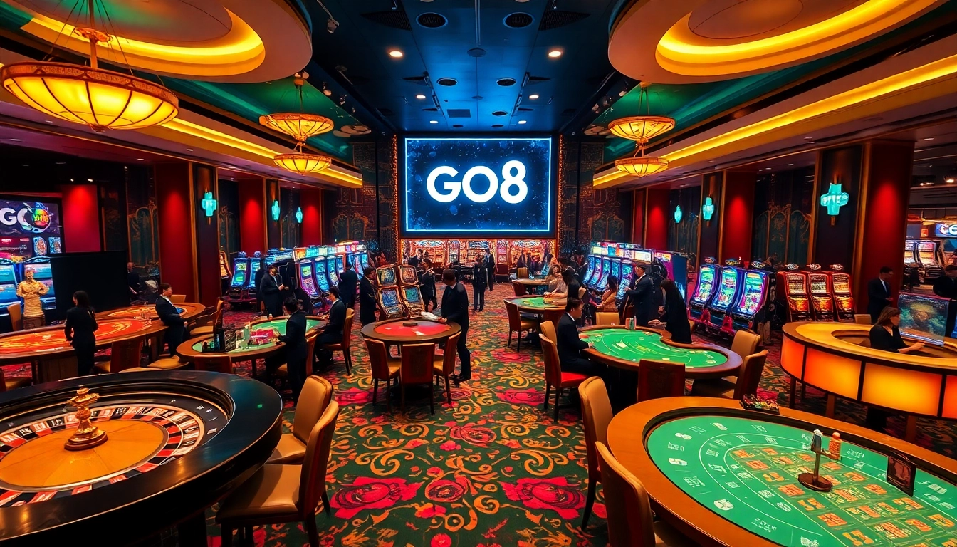 Players enjoying vibrant games at the luxurious trang chủ go8 casino, highlighting a lively atmosphere with roulette and slot machines.