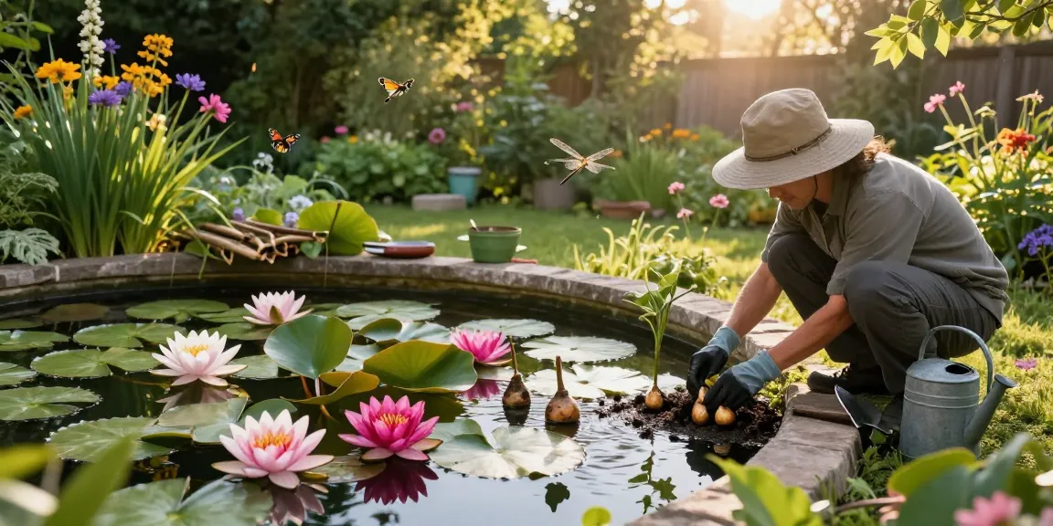 Buy Water Lilies for your garden pond, featuring a serene scene with vibrant blooms and a dedicated gardener.