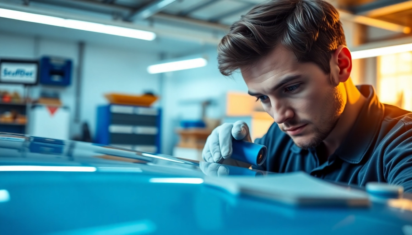 Revive car surfaces with ScuffDoc in a professional repair workshop setting.